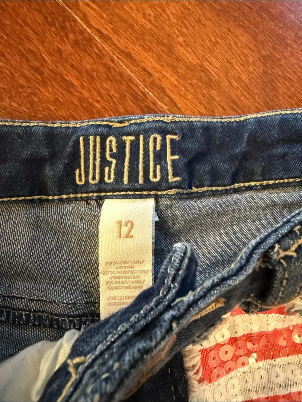 Justice Denim Shorts with Star & Stripe Sequin Panels - Blue/Red